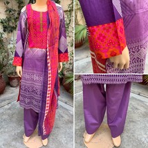 Pakistani Purple &amp; Pink Printed Straight Shirt 3-PCS Lawn Suit w/ Thread... - $52.48