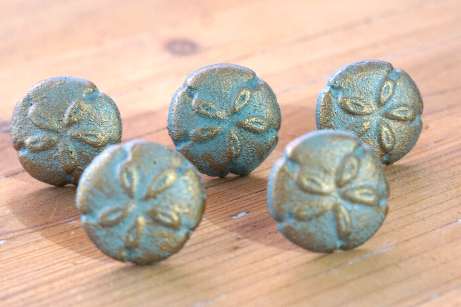 5 SHELL SAND DOLLAR DRAWER PULLS CABINET BATHROOM NAUTICAL KNOB CAST IRO... - $15.99