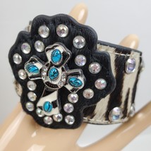 Vintage Western Moments Cross Rhinestone Stitched Wrap Bracelet 2&quot; Wide Leather - £12.63 GBP