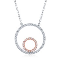 Sterling Silver Two-Tone Double Open Circle with CZ Border Necklace - £52.39 GBP