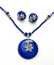 Vintage Royal Blue Medallion Ruby Red Spinel Flower Necklace Earrings Set - $35.64