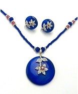 Vintage Royal Blue Medallion Ruby Red Spinel Flower Necklace Earrings Set - $48.89 CAD