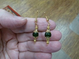 (ee404-57) 8 mm Green Jade Canada gemstone beaded + gold caps dangle earrings - £9.80 GBP