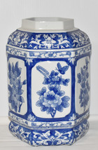 Vtg Chinese Blue White Porcelain Vase 11&quot; Hexagon Jar w Floral &amp; Butterf... - £75.76 GBP