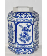 Vtg Chinese Blue White Porcelain Vase 11&quot; Hexagon Jar w Floral &amp; Butterf... - £74.72 GBP