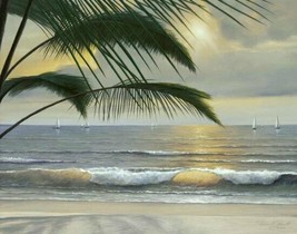 Paradisio by Diane Romanello Tropical Seascape Palm Trees Sail Boats  24x30 ❤ - £196.46 GBP