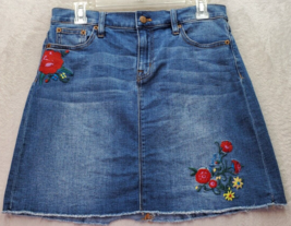 J.CREW Jean Skirt Women&#39;s Size 6 Blue Denim Cotton Pockets Embroidered F... - $22.10
