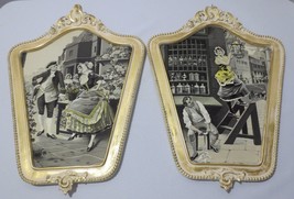 Pair Vtg Antique French Tapestry Embroidery Framed Wall Art Lamplighter Flowers - £199.58 GBP