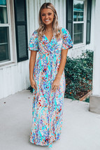 Green Wrap V Neck Floral Maxi Dress - $16.45