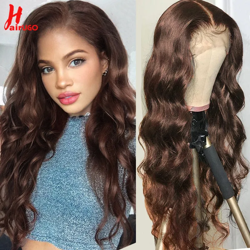 HairUGo 4# Brown Body Wave Lace Closure Human Hair Wigs T Lace Part Wi - £270.24 GBP