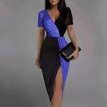  V Neck Split Tunics Party Midi Dress Sequins Contrasting Colors Splicin... - £52.38 GBP