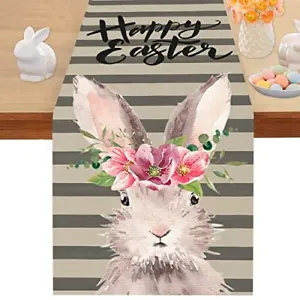 New Easter Table Runner 13X72 Inches Bunny Floral Gery Stripe Table Runners Seas - £28.24 GBP