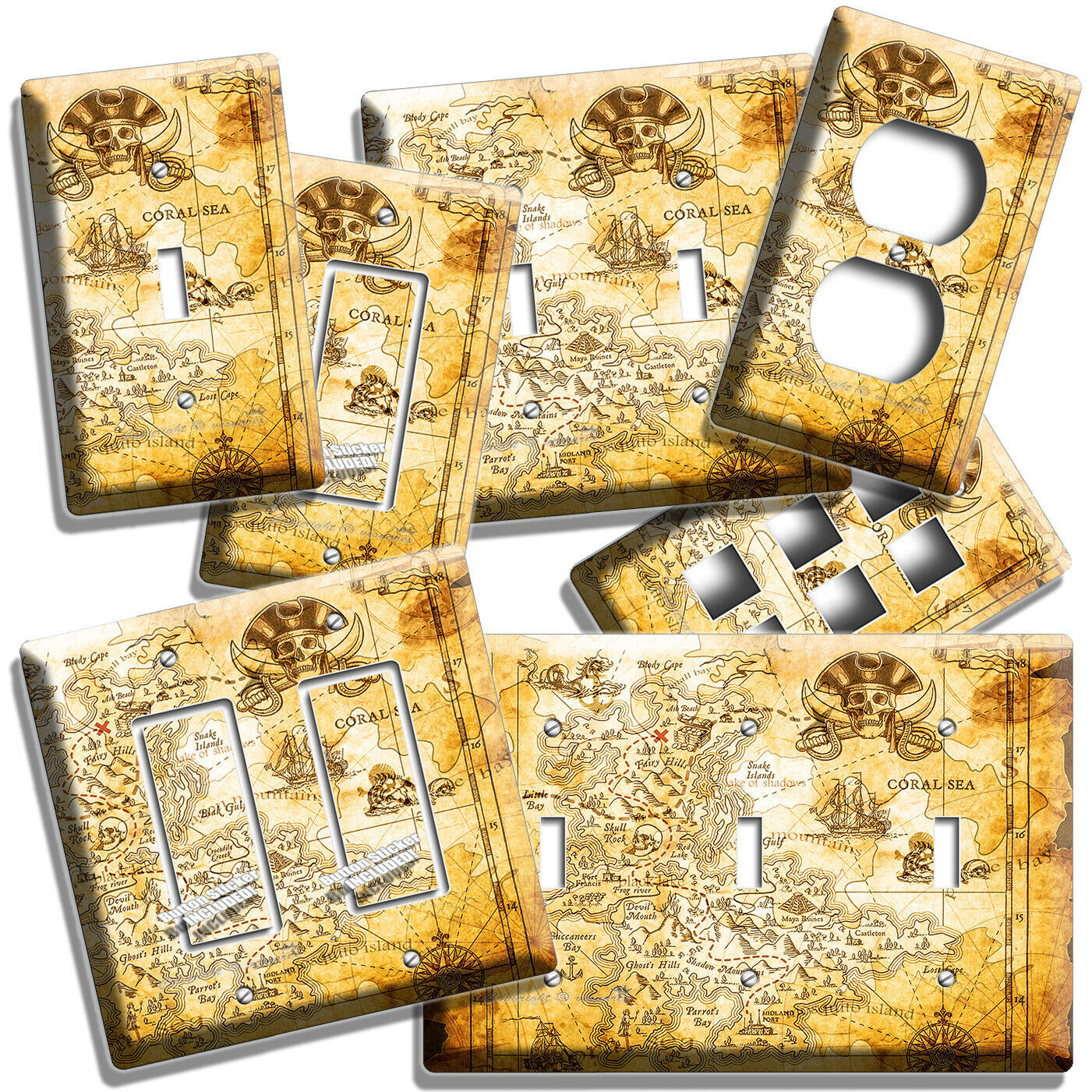 PIRATE SKULL TREASURE ISLAND MAP LIGHT SWITCH OUTLET WALL PLATES BOYS ROOM DECOR