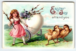 Easter Postcard Girl Walks Baby Chicks Giant Egg Cart On Wheels Embossed Germany - £9.30 GBP