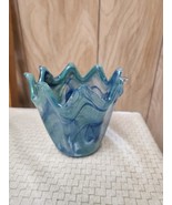 MURANO Green Blue Swirl Glass Bowl Fluted Ruffled Petal Made In Italy 5&quot;... - $58.00