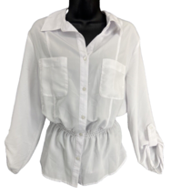 Notations Women&#39;s Size M White Collared Button Up Elastic Waist Top Blouse - £7.46 GBP