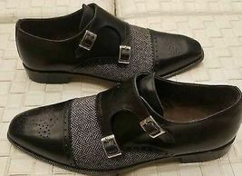 New Handmade Men&#39;s Black Leather And Tweed Two Tone Brogues Double Monk ... - $159.99