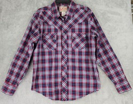 Wrangler Shirt Mens Large Red &amp; Blue Plaid American Western Cowboy Pearl Snap - £22.68 GBP