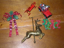 Estate Lot of 5 Brass Carousel Reindeer Red Polka Dot Metal Bow SANTA CL... - $9.49