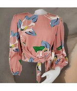 Capulet Linen Blend Top Womens L Pink Floral Balloon Sleeve Surplice Blouse - $40.74 CAD