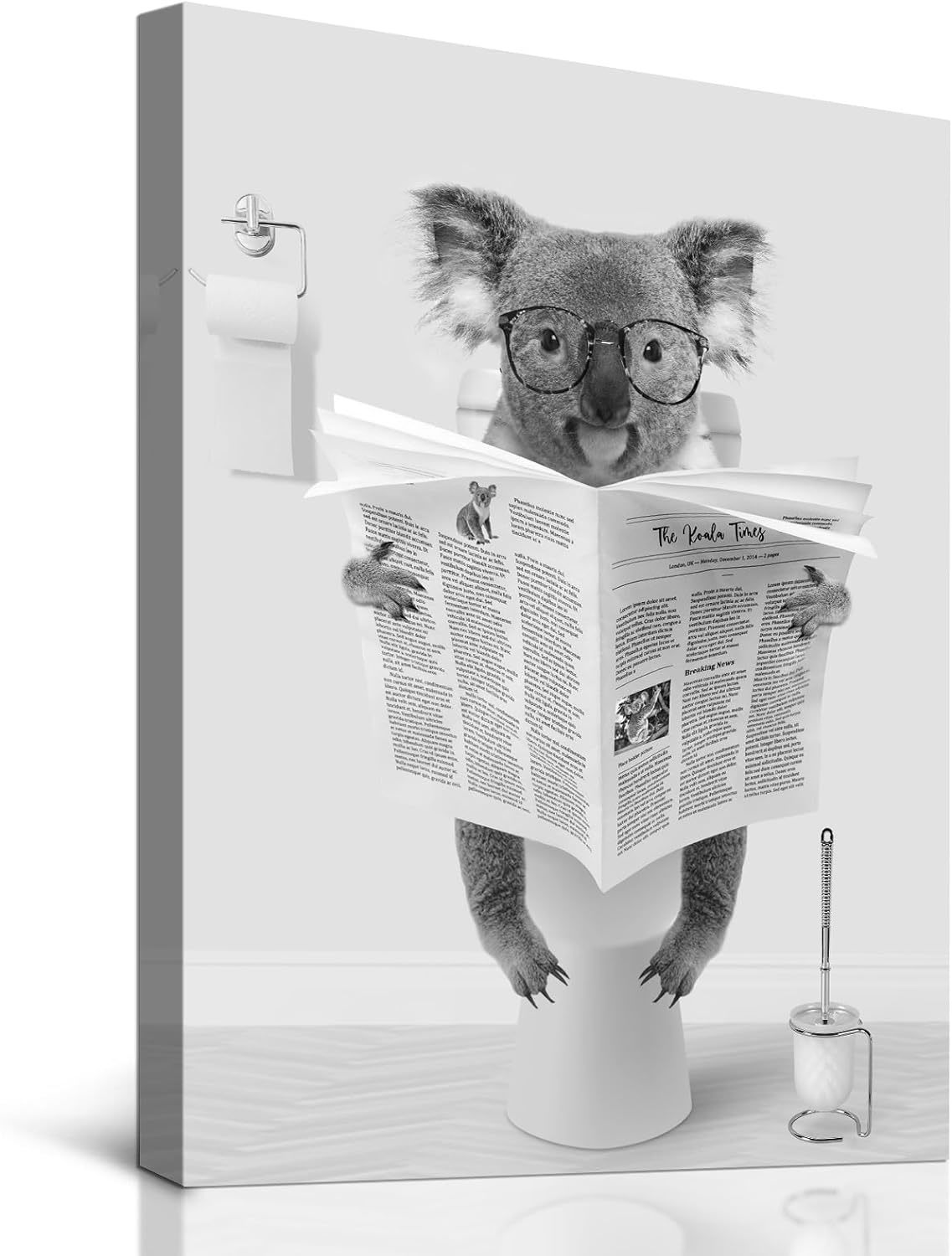 Funny Animals Wall Art Cute Koala Reading Newspapers in the Toilet Canvas Prints - $37.66