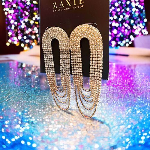 Zaxie by Stephanie Taylor Draped Crystal Chandelier Earrings Gold New With Tags - £19.66 GBP