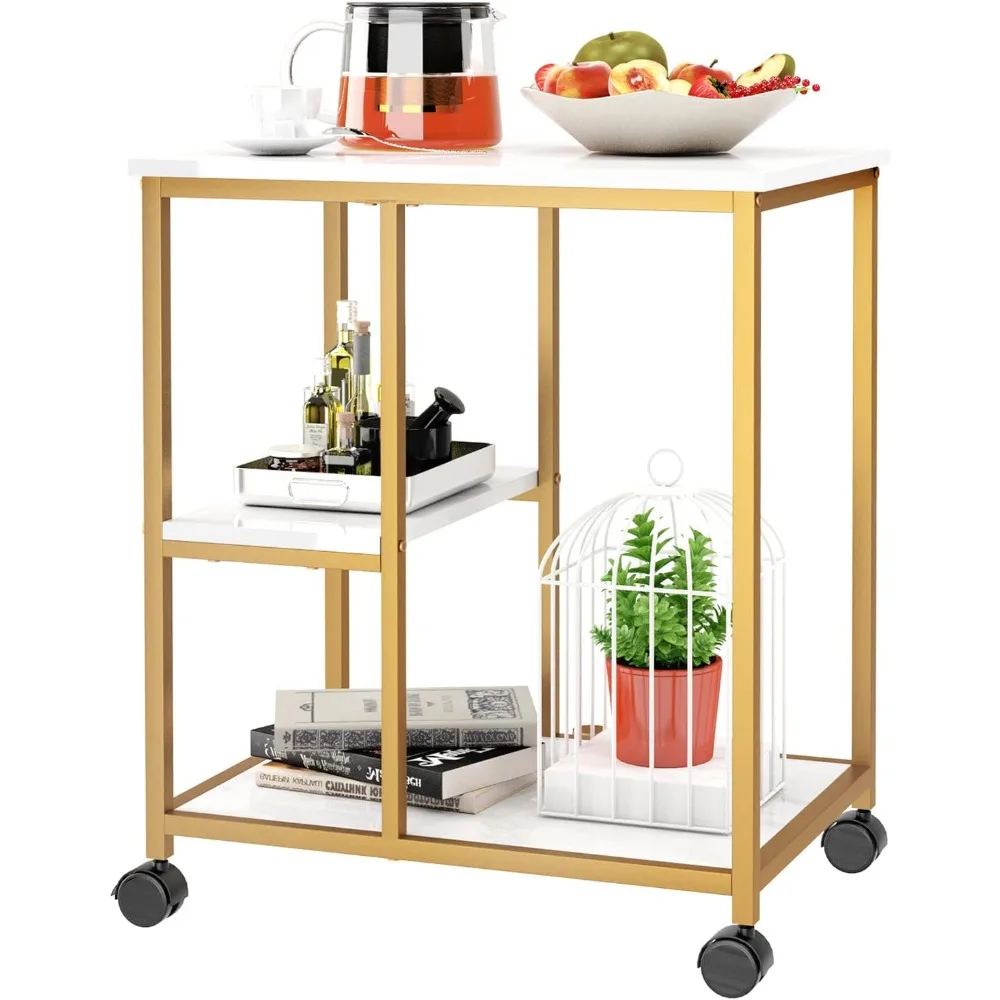 Gold Bar Cart, Utility Bar Serving Cart Kitchen Island Rolling Cart on Wheels wi - £46.36 GBP