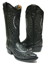 Womens Western Wear Boots Black Leather Sequins Inlay Wings Snip Toe - $82.45