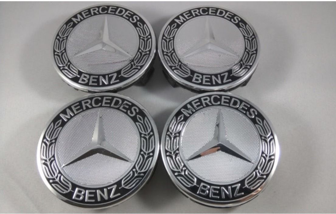 4PC SET Mercedes Benz Wheel Center Caps Emblem CHROME BLACK Hubcaps 75MM (BLK)