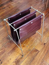 Mid-Century Metal Wire &amp; Leather Dual Pouch Magazine Newspaper Rack Holder - £116.15 GBP