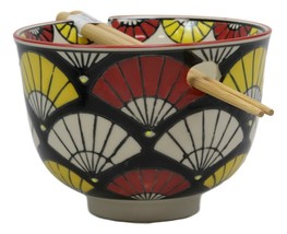 Colorful Oriental Fans Ramen Noodles Soup 5&quot;D Bowl With Chopsticks Set Bowls - £15.92 GBP