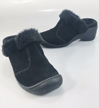 Barefoot by Sporto 7.5 Juliet Black Suede Fuzzy Lined Slides Clogs 2&quot; He... - £26.58 GBP