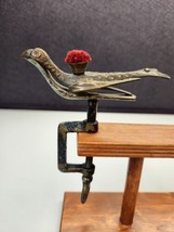 Antique Embossed Victorian Spring BIRD Clamp, Red Velvet Pin Cushion Pat. 1853 - £72.72 GBP