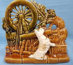 USA McCoy Pottery Planter Vase Terrier Dog &amp; Cat Spinning Wheel Green Brown - $29.95