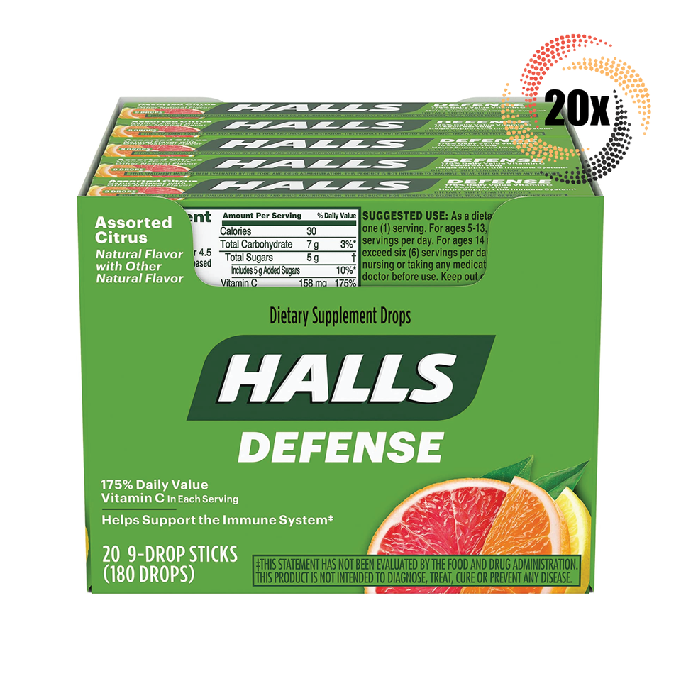 Full Box 20x Packs HALLS Defense Assorted Citrus Cough Drops | 9 Drops P... - $38.50