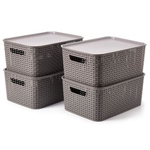 EZOWare Set of 4 Lidded Storage Bins, 15 Quart Large Plastic Stackable Weaving W - $76.99