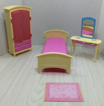 Barbie Living in Style Bedroom set Bed vanity desk armoire pink yellow 2002 - $39.59
