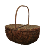 Antique Woven Market / Picnic Basket Handle &amp; Lid 13 Inch Vintage Wicker... - $50.07 CAD