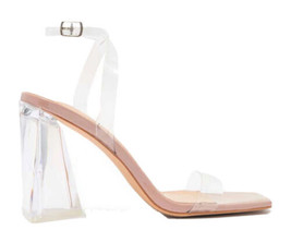 Wild Diva Lounge Clear Chunky Triangle Lucite Heel Ankle Strap Open Toe Size 8 - £19.84 GBP