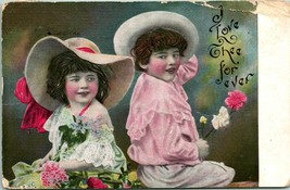 Vtg Postcard 1907 Victorian Valentines Card - Embbossed Children w Flowers  - £5.47 GBP
