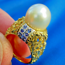 Pearl Sapphire Engagement Statement Ring Deco Cocktail Dinner Style 14k Gold - $89,820.51 MXN