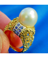 Pearl Sapphire Engagement Statement Ring Deco Cocktail Dinner Style 14k ... - $6,467.42 CAD