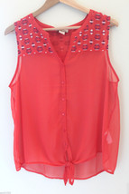 NEW! Lucky Brand Sheer Orange Embroidered Button Up Sleeveless Top Blous... - £39.11 GBP