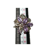 Sterling Silver 925 Amethyst Marcasite Art Deco Flower Ring Size 6 - £34.74 GBP