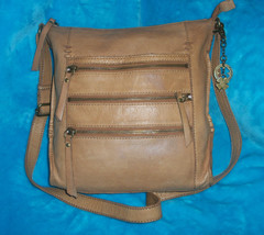 LUCKY BRAND Camel Tan Pebble Leather Boho Crossbody Bag - 3 Zip Multiple Pockets - £29.94 GBP
