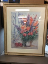 Floral Vase Print w/ bowl of Fruit Still Life Vibrant Colors Mat &amp; Frame number - £19.77 GBP