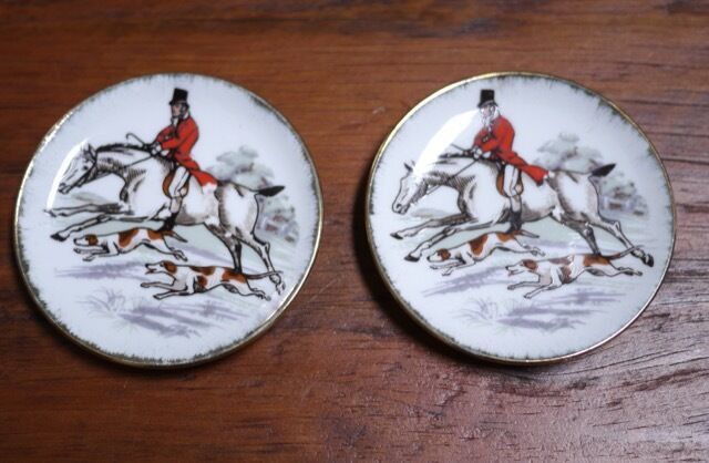 Pair Vintage Coimbra Portugal Equestrian Hunting Ceramic Saucer Plates Coasters - $29.99