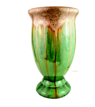 Majolica Vintage Green Glazed Drip Glaze Footed Pottery Vase - £35.04 GBP