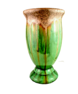 Majolica Vintage Green Glazed Drip Glaze Footed Pottery Vase - £35.20 GBP