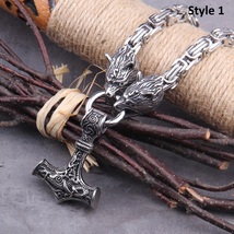 Wolf Head Norse Viking Amulet Thor&#39;s hammer Mjolnir Pendant Necklace King Chain - £28.76 GBP